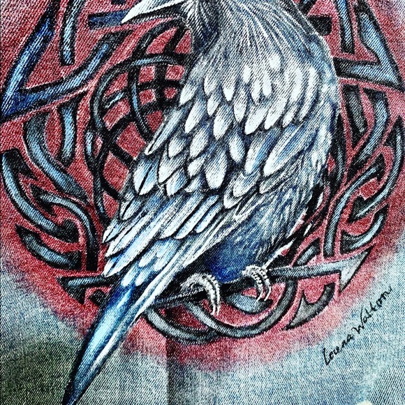 Raven Gothic Handpainted on new distressed denim jacket SZ XL womens Crow - Picture 4 of 10
